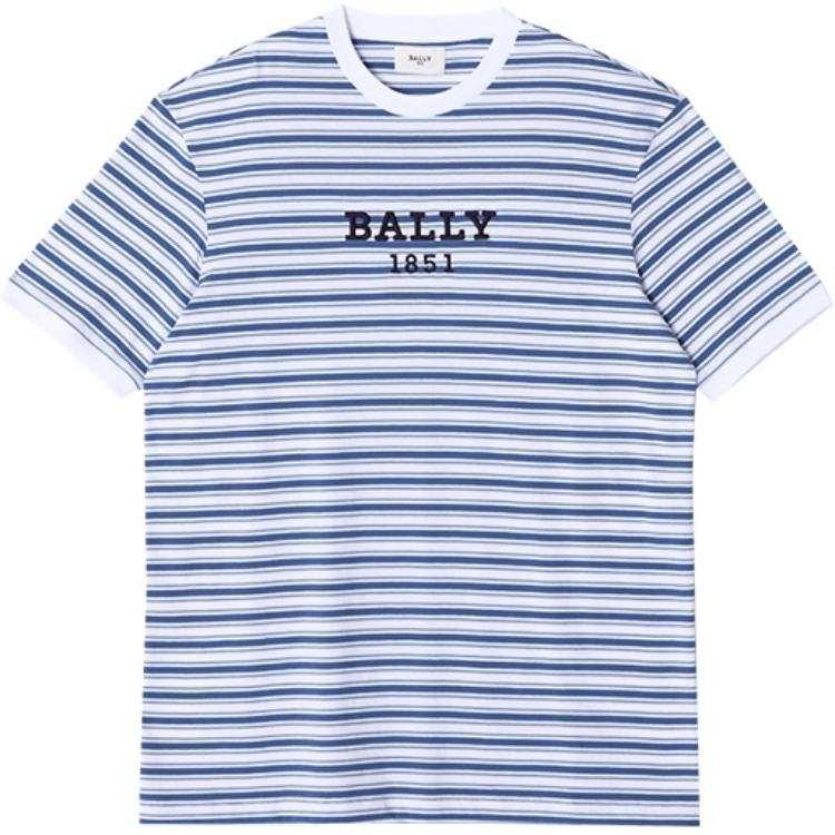 BALLY Logo Alphanumeric Stripes Print Casual Crew Neck Short Sleeved SS24 T Shirt Men's Blue