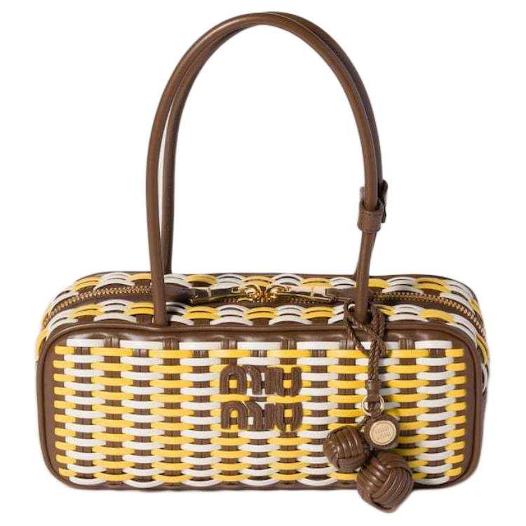 MIU MIU Beau Calfskin Shoulder Bag Women's Yellow & Brown