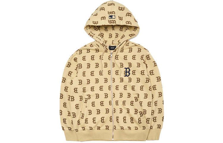 MLB Old Flower Sweatshirts Unisex Beige Yellow Hooded Moderate Cardigan
