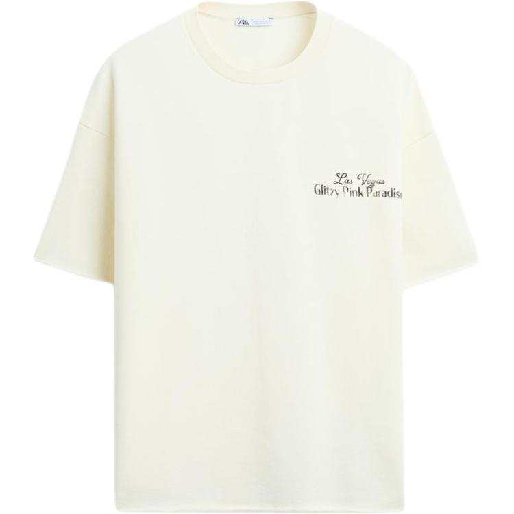 ZARA T Shirts Men's White Crew Neck Moderate Straight Fit