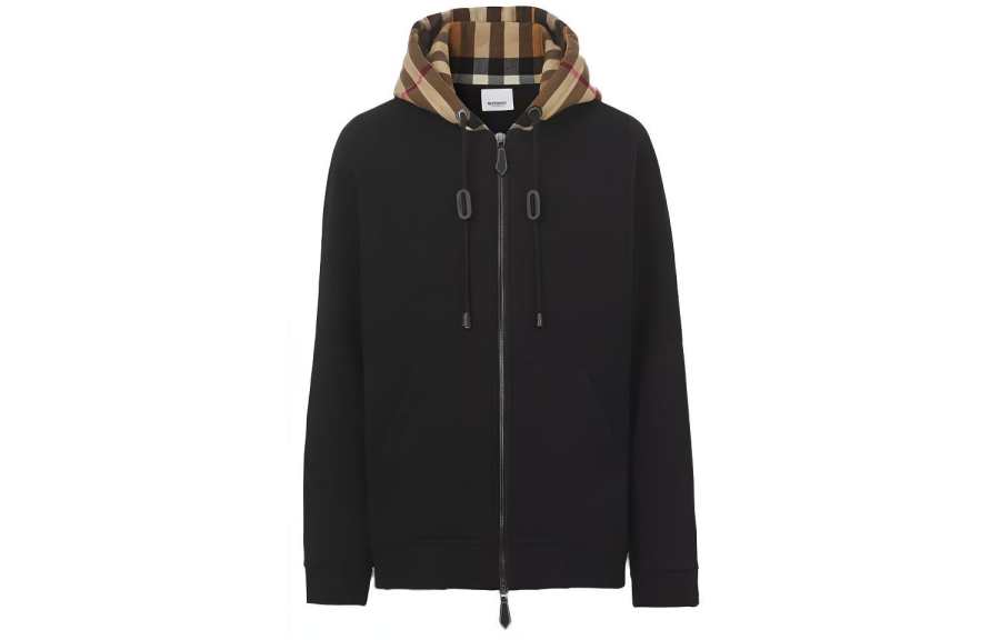 Burberry Check Hood Cotton Blend Zip Front Hooded Top
