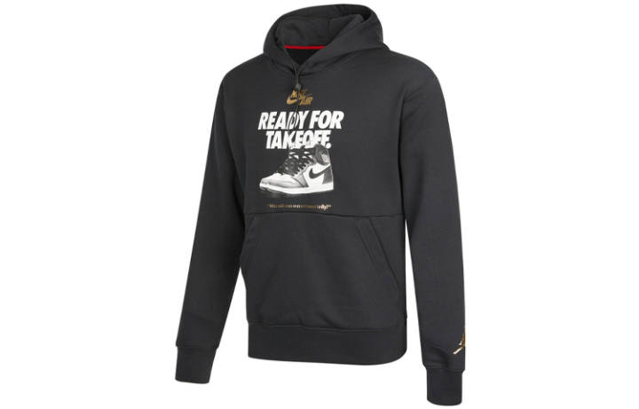 Jordan Jordan Air Basketball Shoe Letter Print Hooded Fleece Lined Pullover Sweatshirt Men's Black