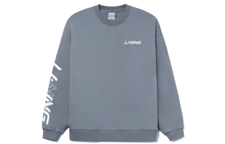 Li-Ning Li Ning Sports Fashion Collection Logo Print Fleece Lined Crew Neck Pullover Sweatshirt Men's Nine Degrees Gray Thick