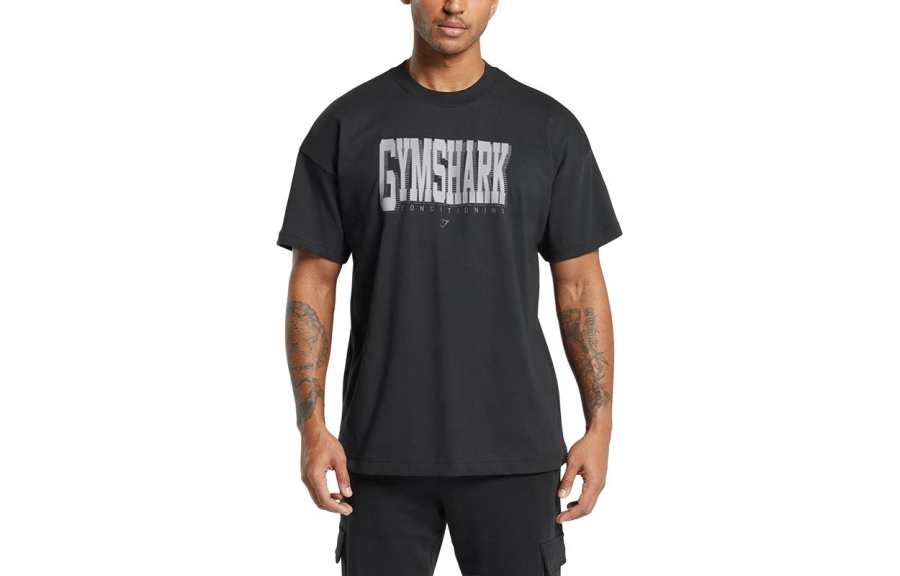 GYMSHARK T Shirts Men's Black Crew Neck Moderate Straight Fit