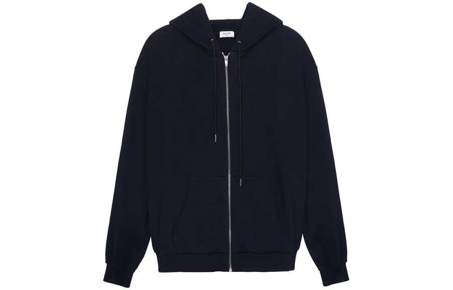 CELINE Solid Color Logo Print Loose Fit Zippers Fleece Lined Sweatshirt Men's Black