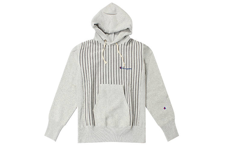 Champion Stripes Fleece Lined Embroidery Logo Winter Sweatshirt Unisex Gray