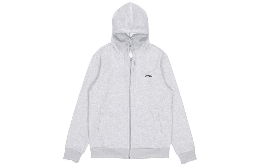 Li-Ning Li Ning Solid Color Fleece Lined Thermal Hooded Jackets & Coats, Winter Sweatshirt Men's Light Gray