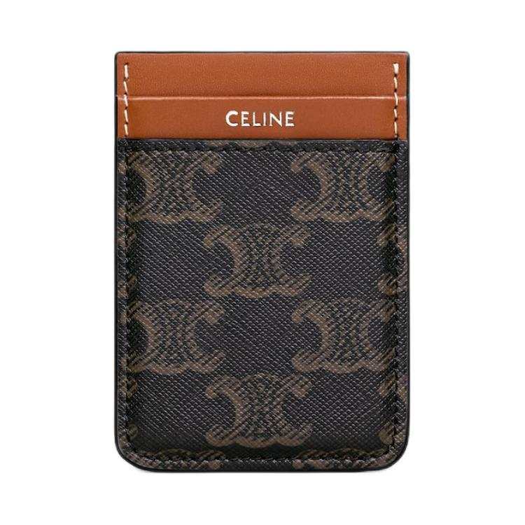 CELINE Triomphe Canvas paneled Calfskin Trim Card Holder Men's Tan