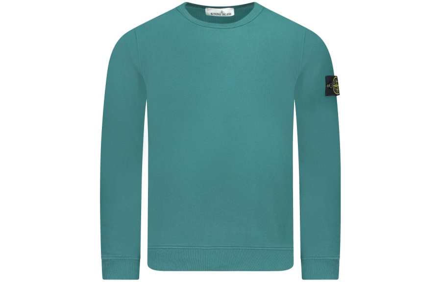 STONE ISLAND Solid Color Crew Neck Fitted Long Sleeved Fleece Lined Sweatshirt Men's Green