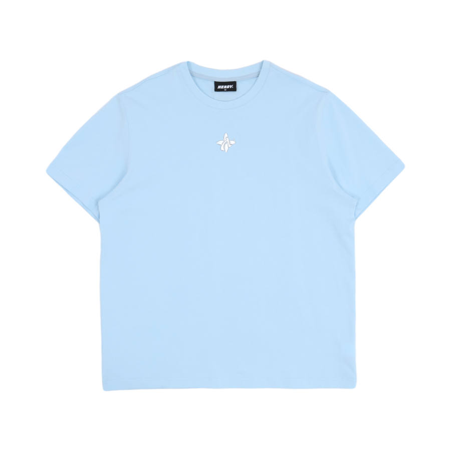 Nerdy Jasmine Milk White Co Branded Model T Shirts Unisex Sky Blue Crew Neck Moderate Straight Fit