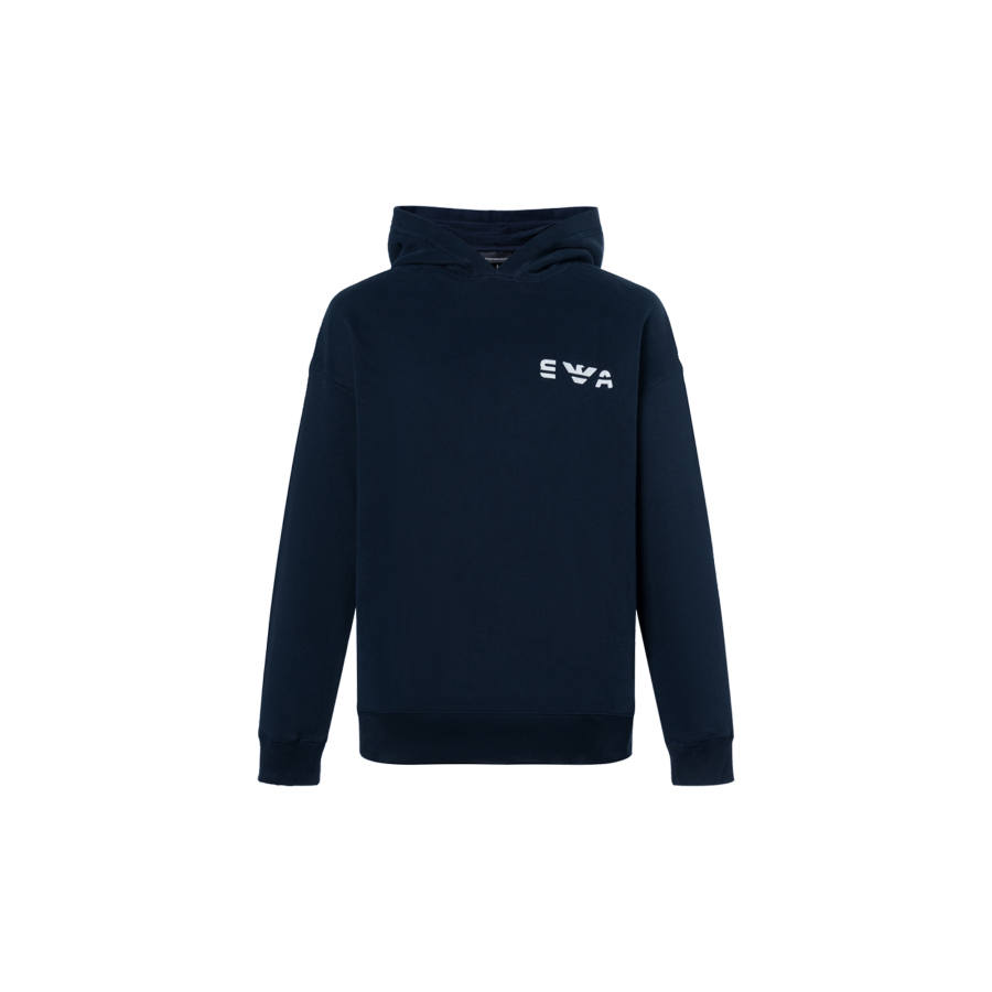 EMPORIO ARMANI SS22 Logo Print Fleece Lined Hooded Long Sleeved Sweatshirt Men's Navy Blue