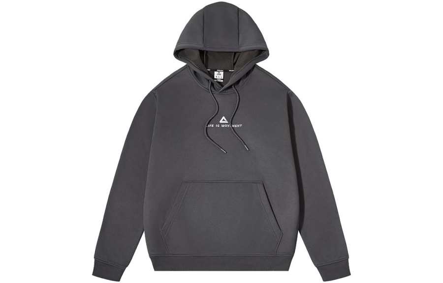 PEAK PEAK Solid Color Logo Label Hooded Fleece Lined Pullover Sweatshirt Men's Dark Gray