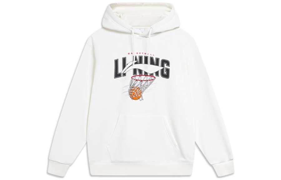 Li-Ning Li Ning Sports Fashion Collection Letter Print Casual Hooded Pullover Long Sleeved Fleece Lined Sweatshirt Men's Ivory