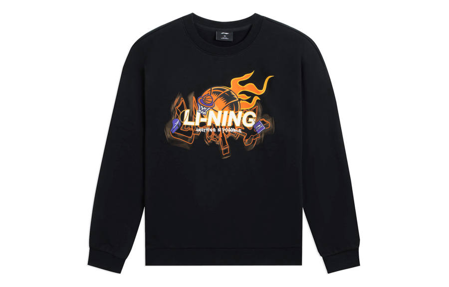 Li-Ning Li Ning Basketball Collection Cartoon Comic Pattern Fleece Lined Print Long Sleeved Sweatshirt Unisex Black