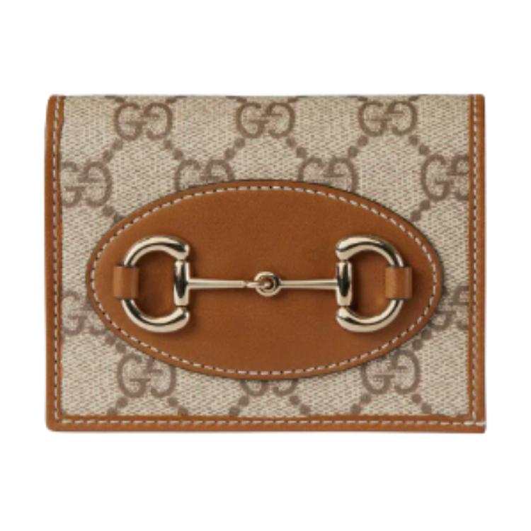 GUCCI Horsebit 1955 Canvas Card Holder Women's Beige & Dark Brown