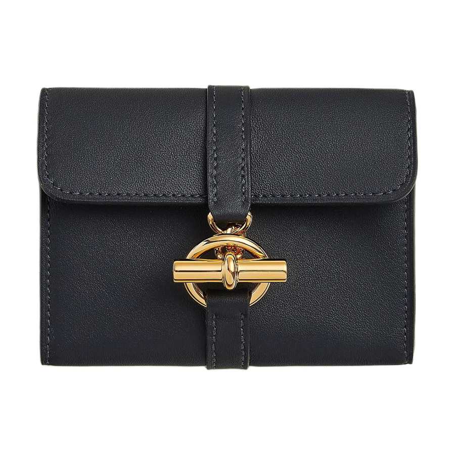 HERMES Glenan Swift Calfskin Wallet Women's 3Y Caban Black Tweed
