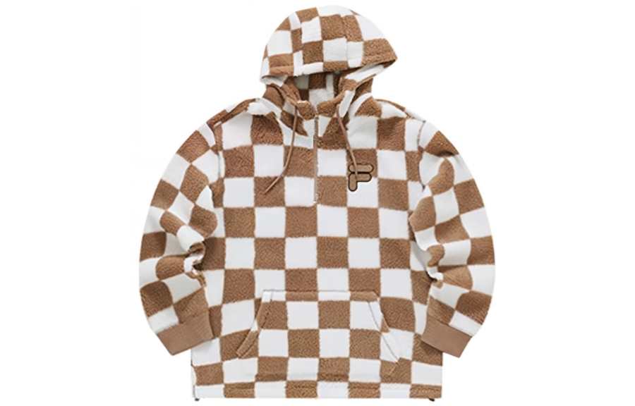 FILA FUSION FOB Sherpa Fleece Lined Checkerboard Pullover Half Zip With Open Collar Sweatshirt Unisex Warm Sugar Coffee