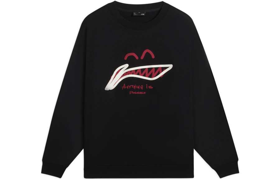 Li-Ning Li Ning Sports Fashion Collection Logo Print Fleece Lined Crew Neck Pullover Long Sleeved Sweatshirt Unisex Black