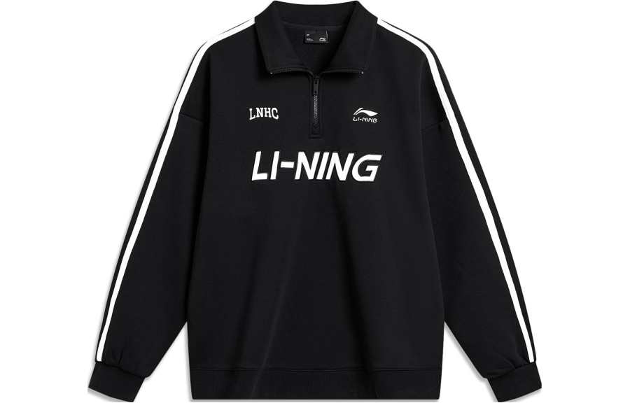 Li-Ning Li Ning Sports Fashion Collection Multicolor Logo Letter Embroidery Lapel Long Sleeved Fleece Lined Pullover Sweatshirt