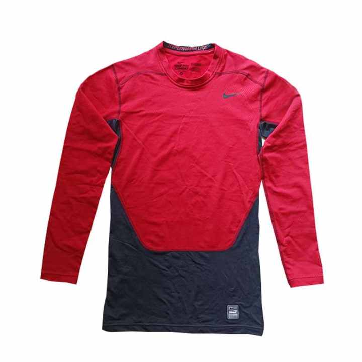Nike Nike ProDri Fit COMBAT Color Block Patchwork Fleece Lined Tight Fit Thermal Long Sleeved T Shirt Men's Red
