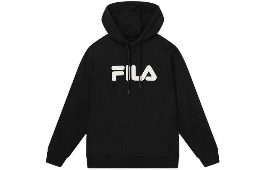 FILA Brand Logo Design Hooded Fleece Lined Sweatshirt Unisex Jet Black