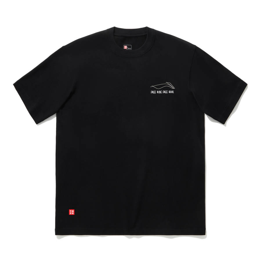 Li-Ning Li Ning T Shirts Unisex Black Crew Neck Moderate Straight Fit