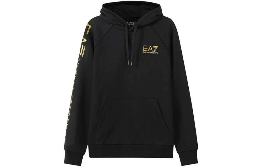 EMPORIO ARMANI FW22 Letter Print Fleece Lined Hooded Long Sleeved Sweatshirt Men's Black Gold