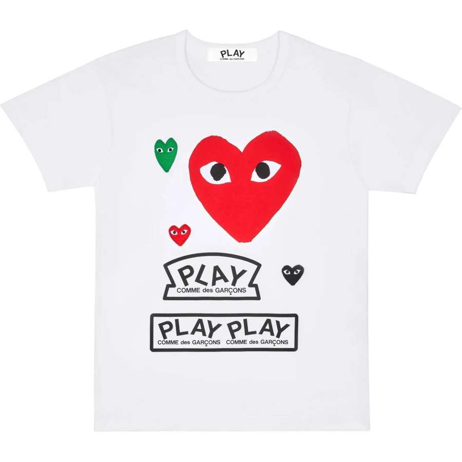 CDG Play T Shirts Men's White Crew Neck Moderate