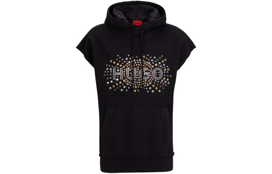 HUGO BOSS Sleeveless Cotton Hoodie With Stud Effect Artwork Sweatshirt Men's Black