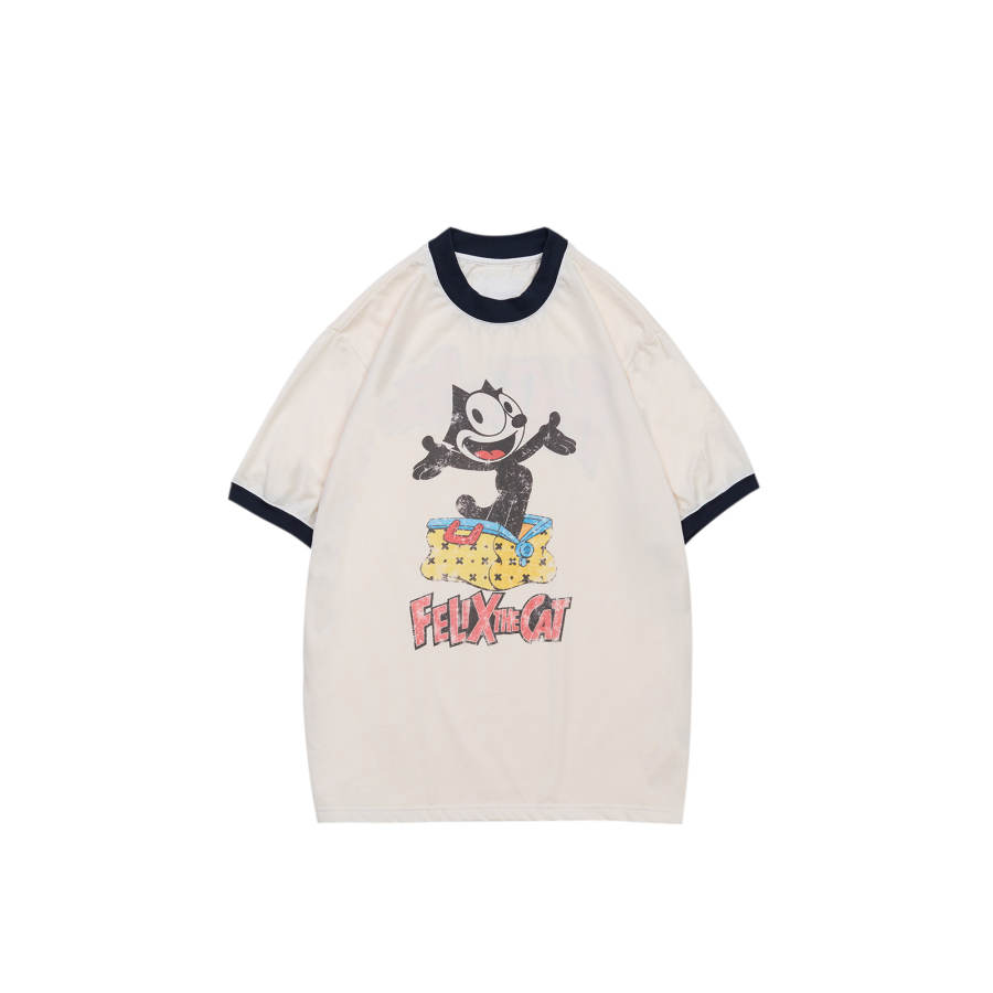 XVESSEL Felix Cat Collaboration Collection T Shirts Unisex White Crew Neck Moderate