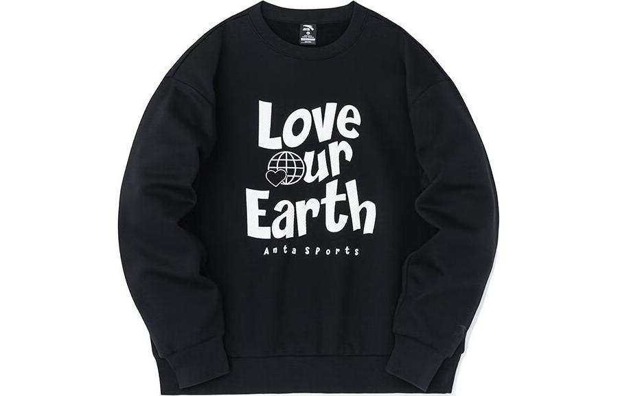 Anta Letter Crew Neck Thickened And Fleece Lined Thermal Loose Fit Sweatshirt Unisex Basic Black