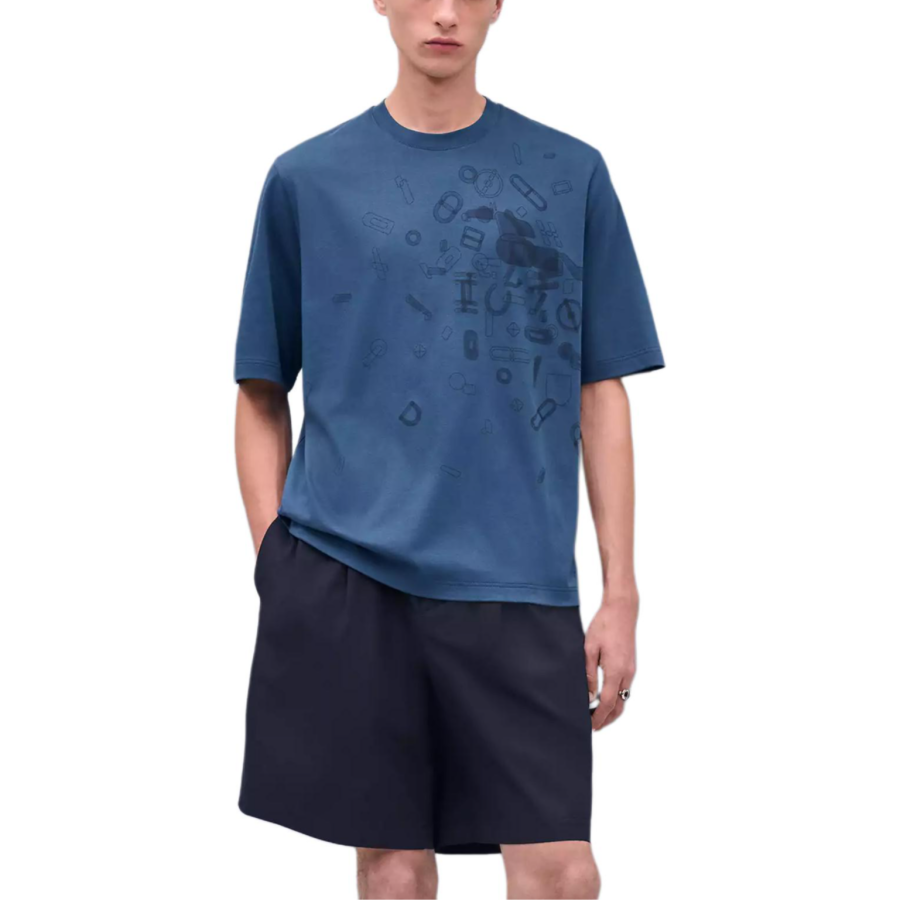 HERMES T Shirts Men's Blue Crew Neck Moderate Straight Fit