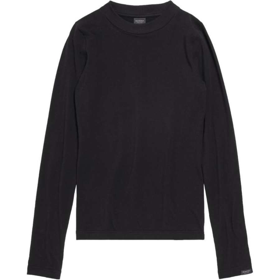 Balenciaga Solid Color Logo Patch Long Sleeved SS24 T Shirt Regular Fit Men's Black