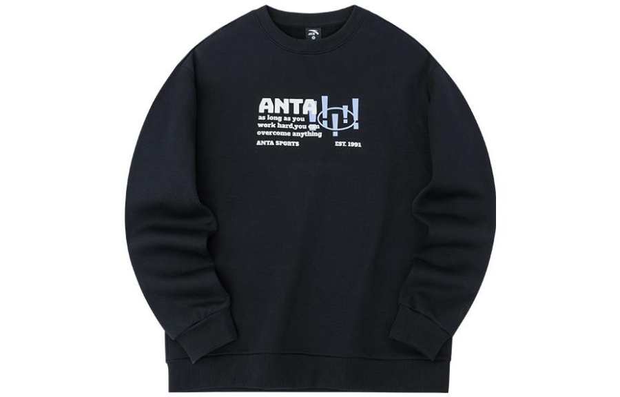 Anta FW22 Lifestyle Collection Letter Print Pullover Fleece Lined Long Sleeved Sweatshirt Unisex Black