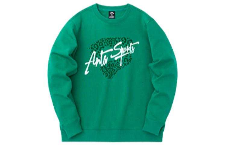 Anta Life Collection Solid Color Print Letter Fleece Lined Long Sleeved Shirt Sweatshirt Unisex Leopard Green