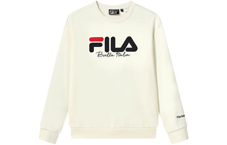 FILA Fleece Lined Logo Casual Loose Fit Pullover Long Sleeved Sweatshirt Unisex Latex White