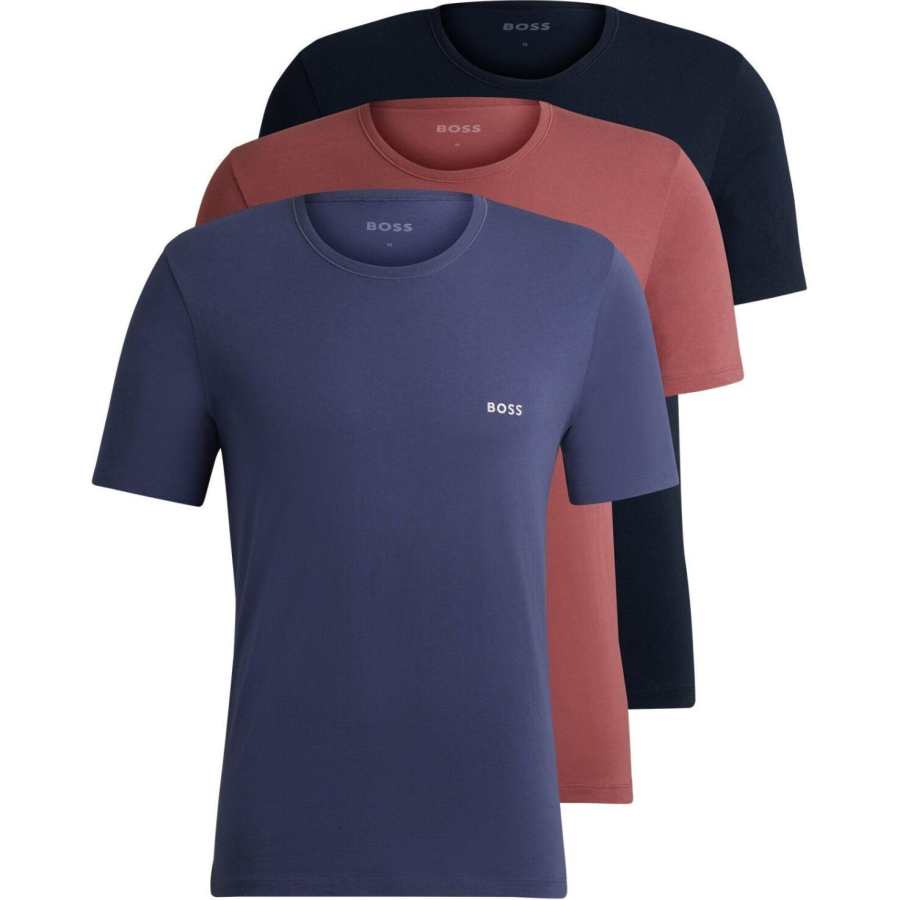 HUGO BOSS T Shirts Men's 3 Pack Blue+Brown+Navy Blue Crew Neck Moderate Straight Fit