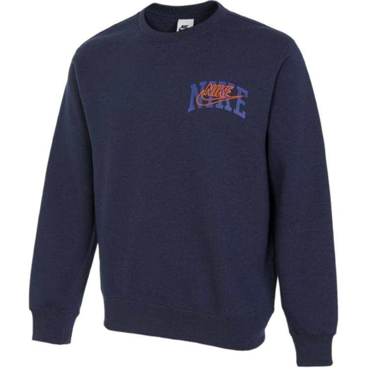 Nike Nike Club Fleece Letter Logo Embroidery Crew Neck Fleece Lined Sweatshirt Men's Dark Navy Blue