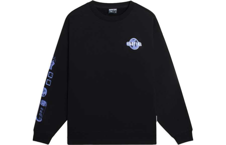 Li-Ning Li Ning BADFIVE Brand Logo Print Fleece Lined Crew Neck Pullover Long Sleeved Sweatshirt Unisex Black