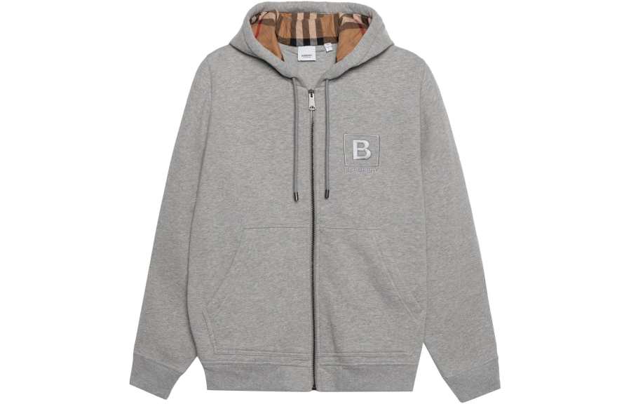 Burberry Men Letter Graphic Cotton Blend Zip Hoodie Pale Grey Melange
