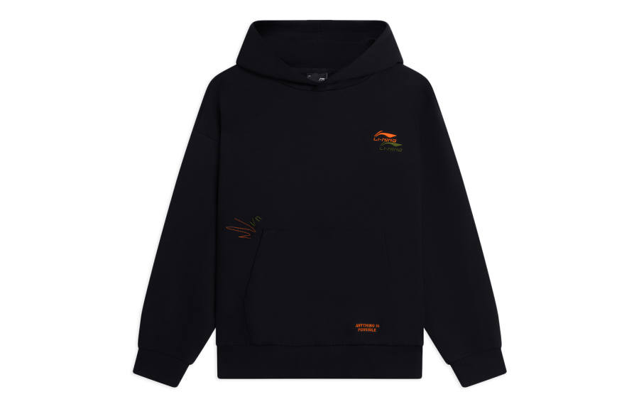 Li-Ning Li Ning Sports Life Collection Logo Print Fleece Lined Thermal Hooded Long Sleeved Sweatshirt Unisex Black