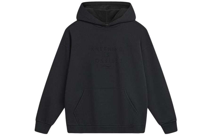 Li-Ning Li Ning Sports Life Collection Solid Color Casual Versatile Fleece Lined Hooded Pullover Sweatshirt Men's Black