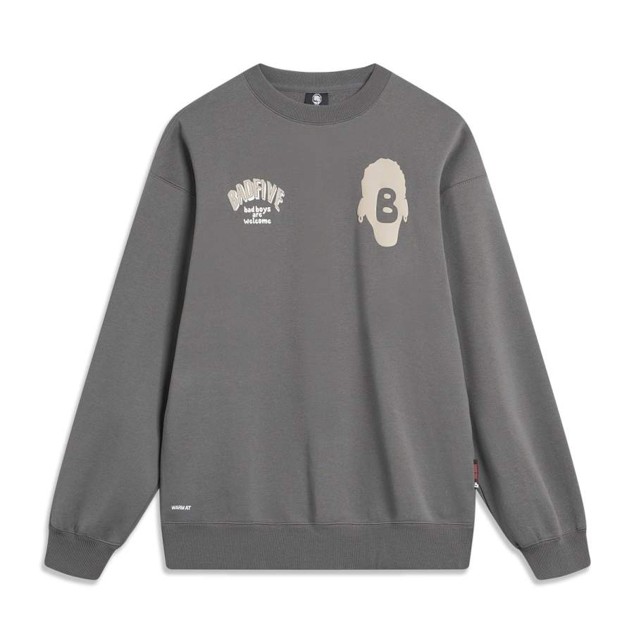 Li-Ning Li Ning Badfive Letter 3D Effect Print Loose Fit Fleece Lined Thermal Pullover Sweatshirt Unisex Road Gray