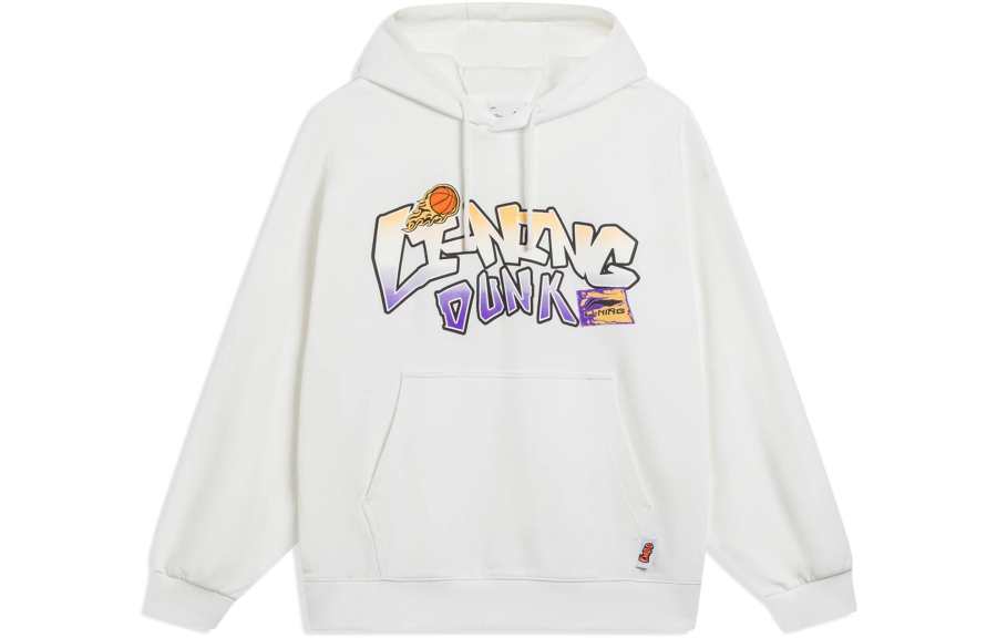Li-Ning Li Ning Sports Fashion Collection Letter Logo Print Pullover Hooded Casual Thermal Fleece Lined Sweatshirt Men's Ivory