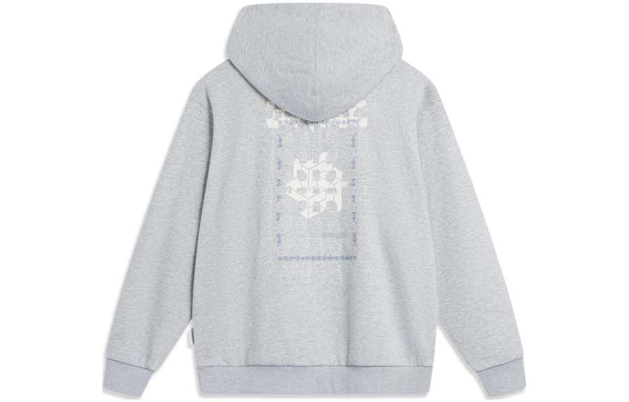 Li-Ning Li Ning Sports Trendy Collection Patterned Print Hooded Fleece Lined Loose Fit Pullover Sweatshirt Unisex Heather Gray