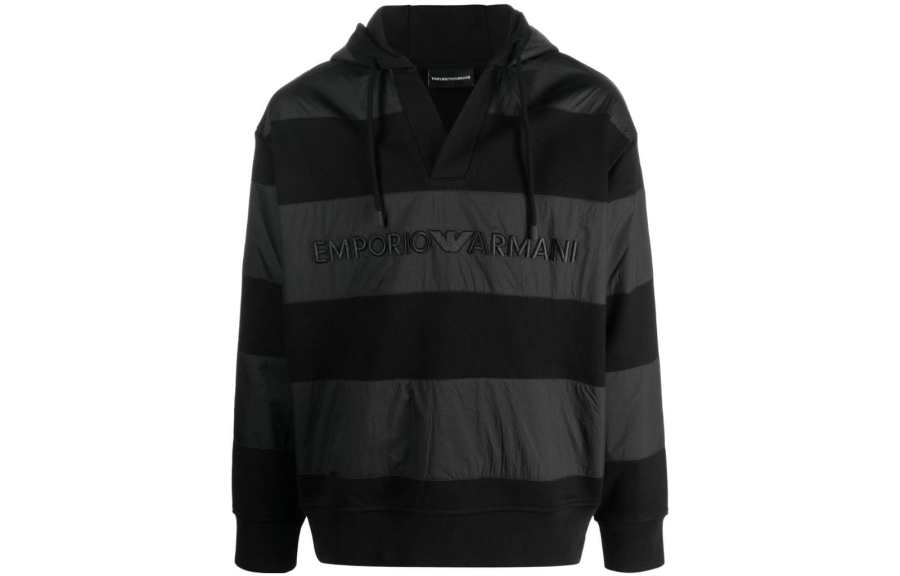 EMPORIO ARMANI Logo Embroidered Striped Drawstring Hoodie