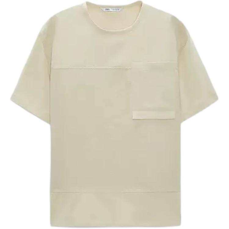 ZARA T Shirts Men's Beige Crew Neck Moderate Straight Fit