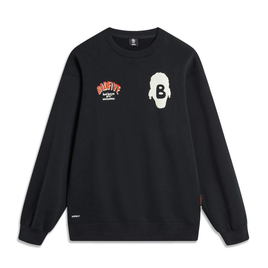 Li-Ning Li Ning BADFIVE Letter 3D Effect Print Loose Fit Fleece Lined Thermal Pullover Sweatshirt Unisex Black