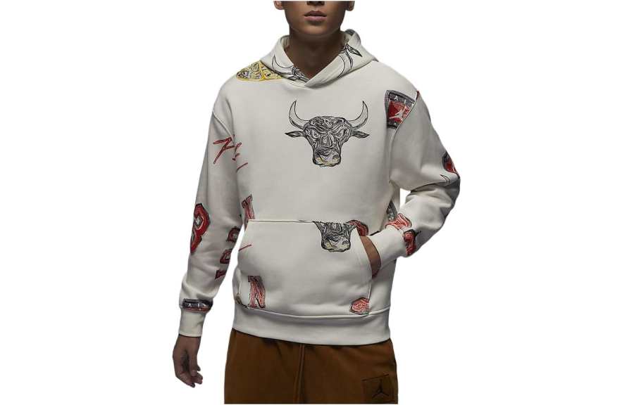 Jordan Jordan Brooklyn All Over Print Hooded Fleece Lined Casual Long Sleeved Sweatshirt Men's Sail White