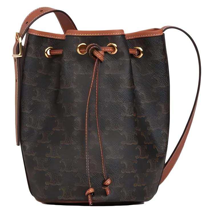 CELINE Triomphe Canvas With Calfskin Bucket Bag, Handbag, Crossbody Bag, Shoulder Bag Small Women's Tawny